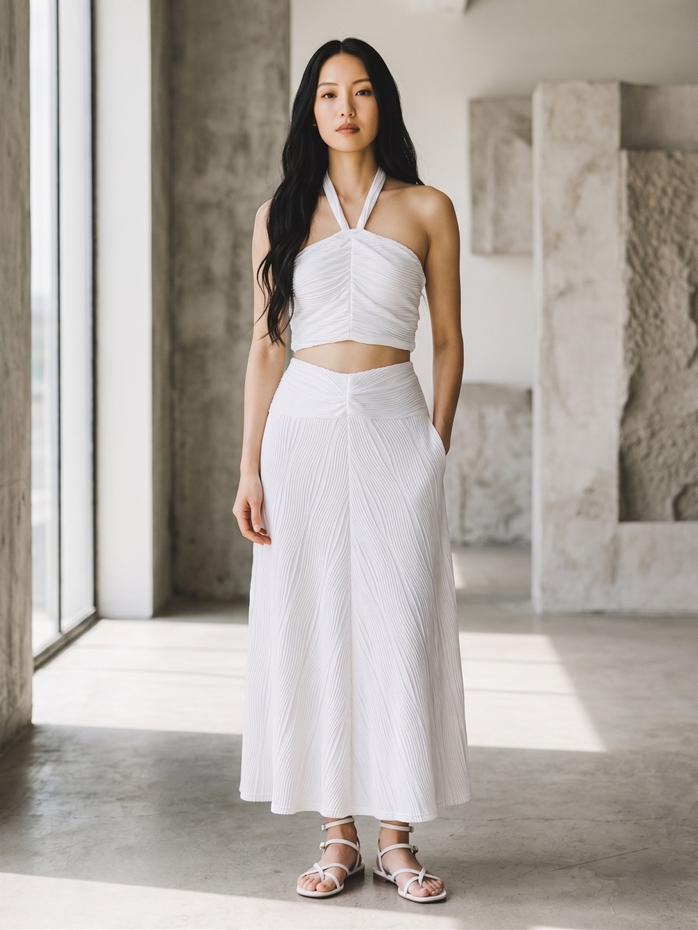Women’s Elegant Wavy White Gathered Halter Top & Maxi Skirt Set Size-S NEW